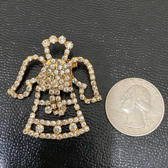 Vintage Unsigned Pave Rhinestones Crystal Gold-tone Angel Christmas Brooch - Picture 4 of 11